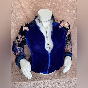 Royal Blue Pink Bell Sleeve Velour Bomber Jacket